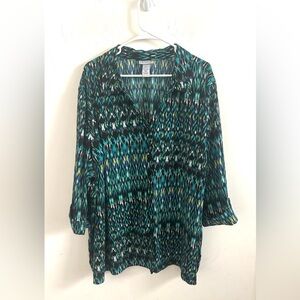 Catherines Shirt Womens 4X Artsy Boho Abstract Ikat Print Button Up Office Top